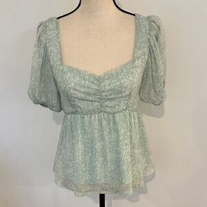 Mittoshop Light Green Pastel Floral Blouse Puffy Sleeve and smocked back Small